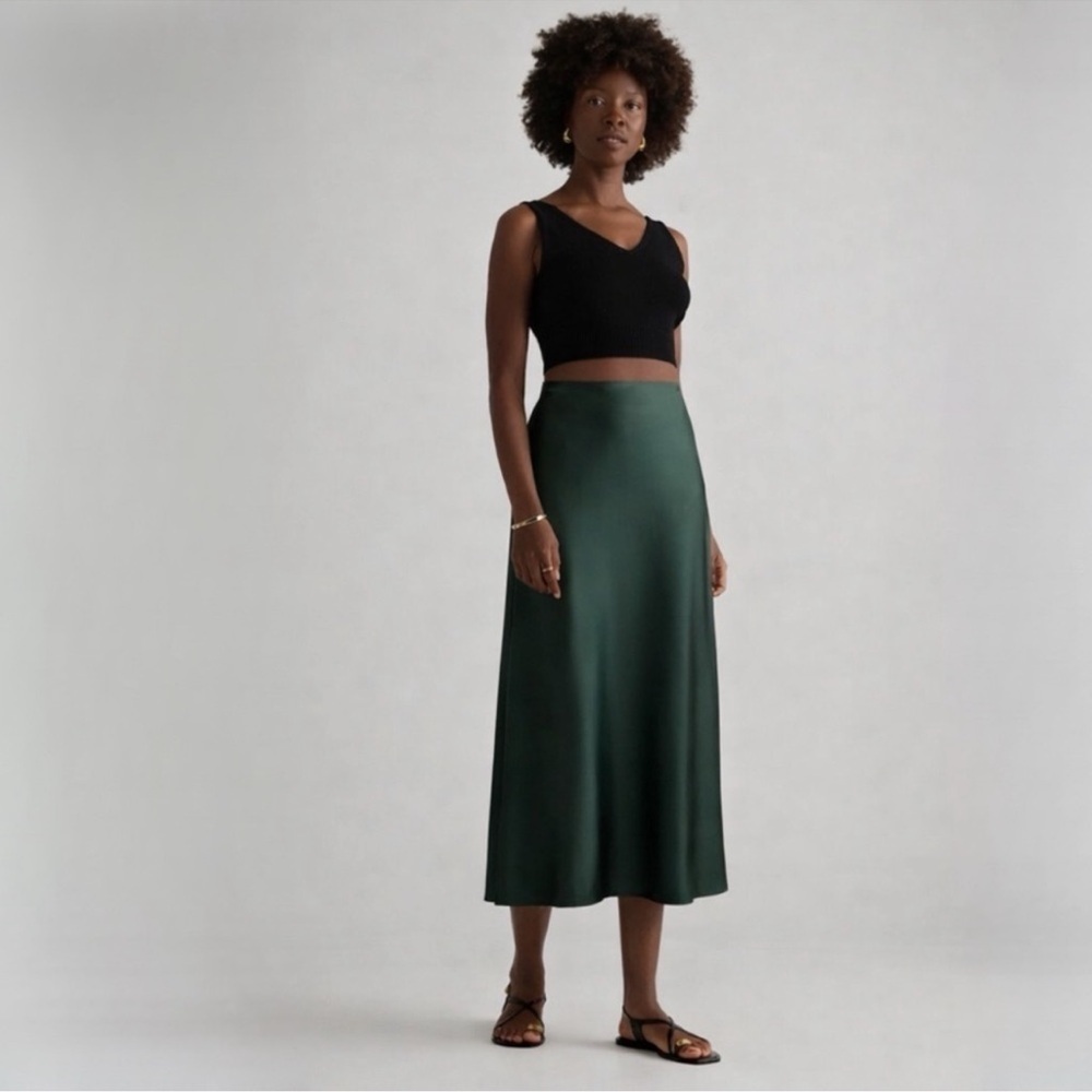 Anthropologie Satin Midi Skirt in Deep Green